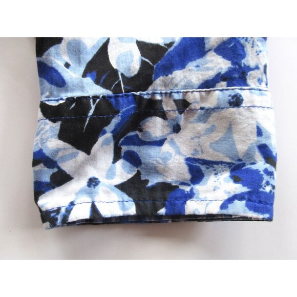 Jones NY Women Shirt/Blouse Floral Blue/White Roll-up Sleeve Pintucks Cotton XL - Picture 9 of 16